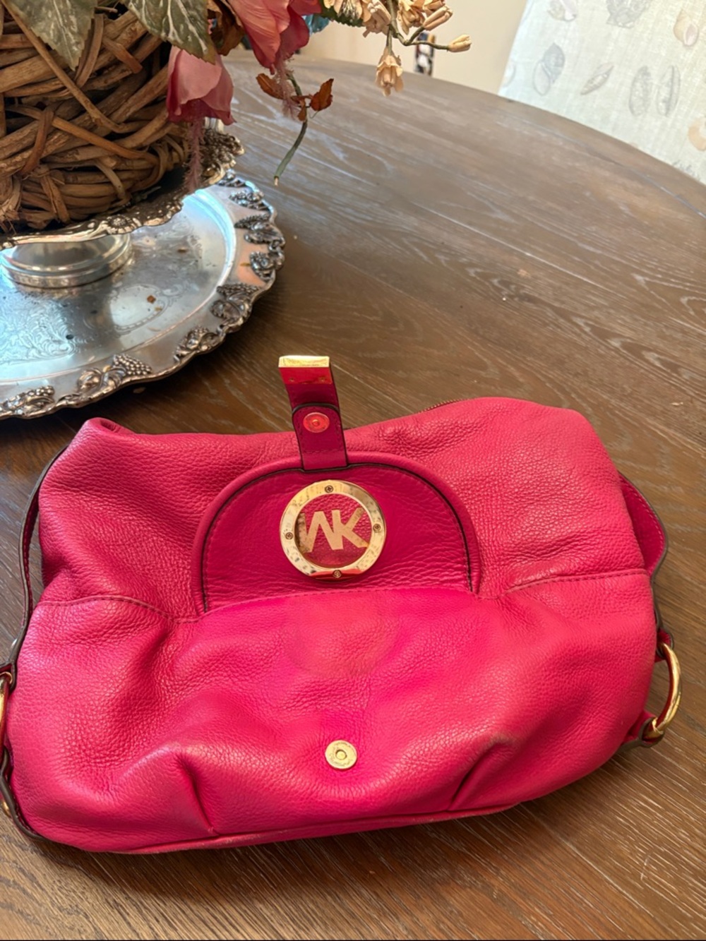 Michael Kors Hot Pink Leather Shoulder Bag with Gold-Tone MK Logo